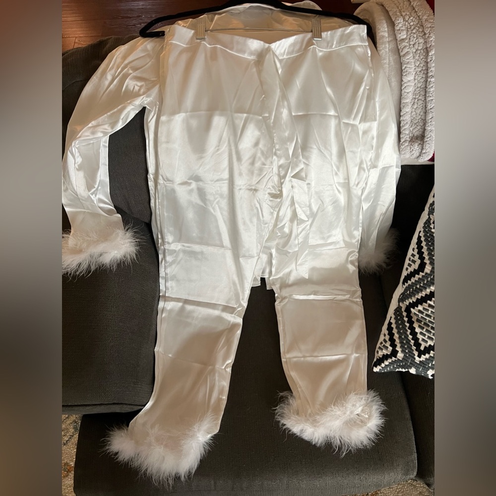 White Satin Feather Bridal Pajamas